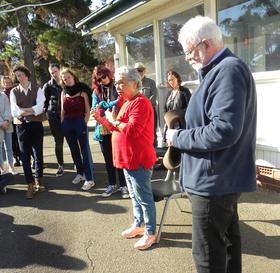 Dr Matilda House, with Ken Heffernan, addressing staff & students from the ANU College of the Arts & Society