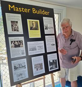 Fred's great-grandson, Brian Banyard, next to our new pop-up display